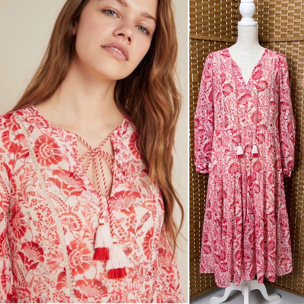 Anthropologie Red Floral Talulah Tiered Midi Dress Sz L NWT